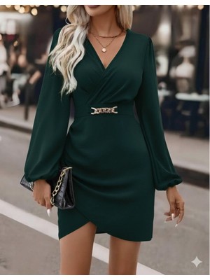 Gökyüzü Moda Kadın Uzun Kollu Kruvaze Yaka Yandan Büzgülü Asimetrik Detaylı Ithal Krep Mini Elbise