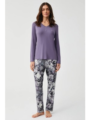 Penye Mood Yumuşak Dokulu V Yaka Uzun Kol Kadın Pijama Takım 9905