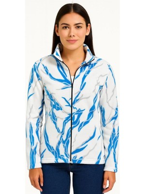 Rawea Fashion Kadın Tam Fermuarlı Desenli Polar Sweat Lightning Desen Yakalı, Uzun Kollu, Oversize Rahat Kalıp - Beyaz