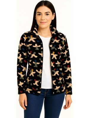Rawea Fashion Kadın Tam Fermuarlı Desenli Polar Sweat – Siyah Multicolor Figür Desen Yakalı, Uzun Kollu, Oversize Rahat Kalıp - Siyah