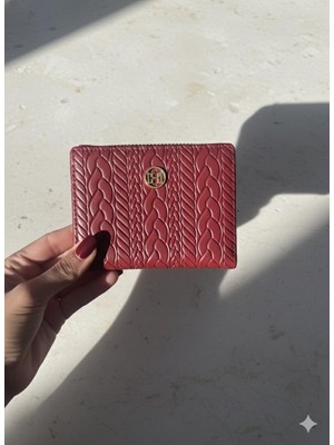 Mirakuş Bordo Kabartmalı Örgü Desenli Orta Boy Fermuarlı Kartlık Cüzdan