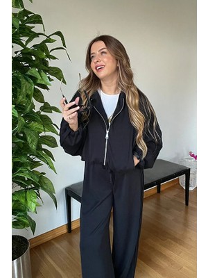 Picco Boutique Comfort Siyah Modal Kumaş Kararmayan Fermuarlı Ceketli Şeritli Örme Pantolon Kadın Yüksek Bel Takım
