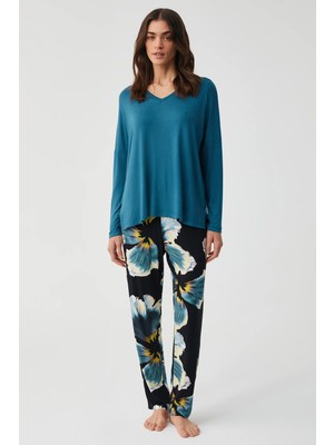 Penye Mood Yumuşak Dokulu V Yaka Uzun Kol Kadın Pijama Takım 9908