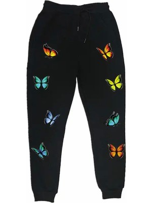 Kids Face Özel Tasarım Renkli Kelebekler Baskılı %100 Pamuk 3 Iplik Kışlık Kız Çocuk Eşofman Takımı