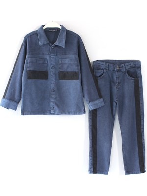DobaKids Erkek Çocuk Şerit Detaylı Denim Alt Üst Gömlek Pantolon Takım Mavi Kot Erkek Çocuk Takım