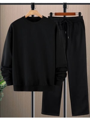 Amor Man Büyük Beden Özel Tasarım Düz Renk Yuvarlak Yaka Geniş Düz Paça %100 Pamuk Kışlık Erkek Eşofman Takımı