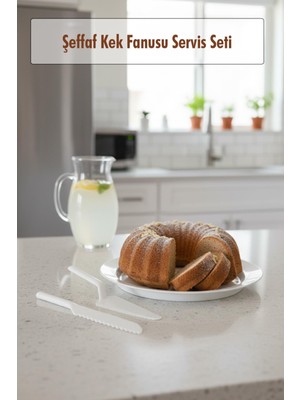 FRY Akrilik Beyaz Kek Fanusu ve Servis Seti - 33 x 39 x 14 cm