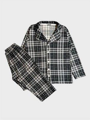 Aliş Kids Erkek Çocuk Pamuklu Süet Kumaş Gri Ekose Desenli Uzun Kollu Gömlek Yaka Düğmeli Pijama Takımı