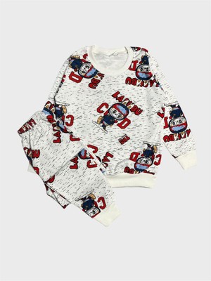 Aliş Kids Erkek Çocuk Pamuklu Şardonlu Beyaz Labubu Desenli Uzun Kollu Kışlık Pijama Takımı