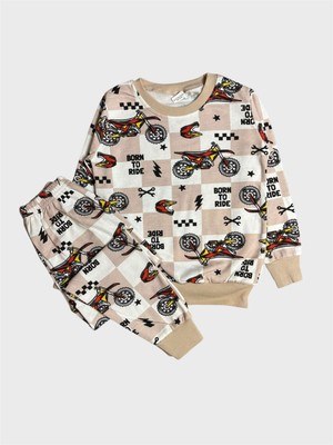Aliş Kids Erkek Çocuk Pamuklu Şardonlu Bej Rengi Motor Desenli Uzun Kollu Kışlık Pijama Takımı