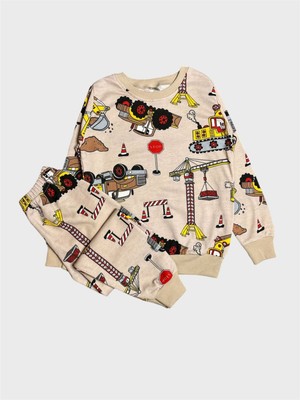 Aliş Kids Erkek Çocuk Pamuklu Şardonlu Bej Rengi Iş Makinesi Kamyon Desenli Uzun Kollu Kışlık Pijama Takımı