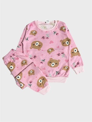 Aliş Kids Kız Çocuk Pamuklu Şardonlu Pembe Ayıcık Desenli Uzun Kollu Kışlık Pijama Takımı