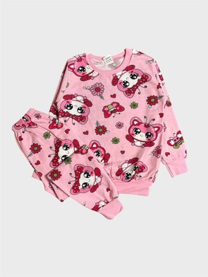 Aliş Kids Kız Çocuk Pamuklu Şardonlu Pembe Kelebek Çiçek Desenli Uzun Kollu Kışlık Pijama Takımı