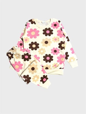 Aliş Kids Kız Çocuk Pamuklu Şardonlu Krem Rengi Papatya Desenli Uzun Kollu Kışlık Pijama Takımı