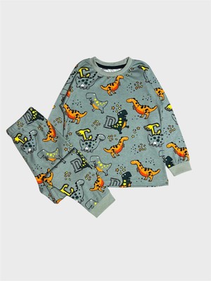Elmas Kids Erkek Çocuk %100 Pamuklu Yeşil Dinozor Desenli Uzun Kollu Pijama Takımı