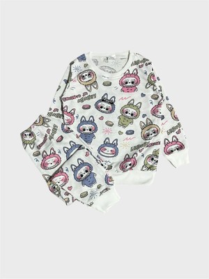 Aliş Kids Kız Çocuk Pamuklu Şardonlu Beyaz Labubu Desenli Uzun Kollu Kışlık Pijama Takımı