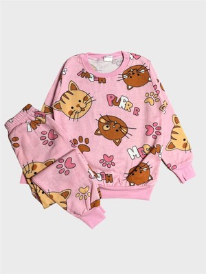 Aliş Kids Kız Çocuk Pamuklu Şardonlu Pembe Kedi Desenli Uzun Kollu Kışlık Pijama Takımı