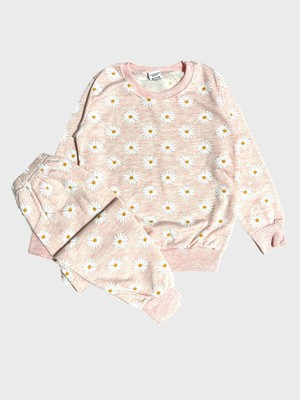Aliş Kids Kız Çocuk Pamuklu Şardonlu Yavruağzı Papatya Desenli Uzun Kollu Kışlık Pijama Takımı