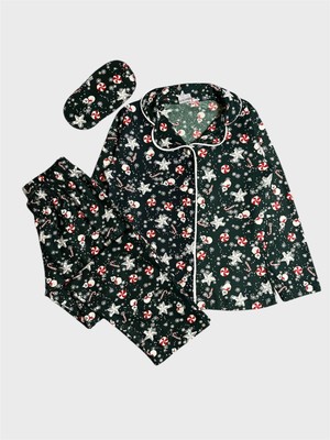 Aliş Kids Kız Çocuk Pamuklu Yeşil Süet Kumaş Şeker Kardan Adam Yılbaşı Desen Gömlek Yaka Kışlık Pijama Takımı