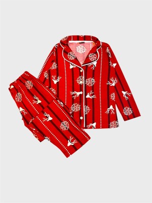 Aliş Kids Anne Kız Çocuk Pamuklu Süet Kumaş Kırmızı Geyik Kar Tanesi Desenli Gömlek Yaka Düğmeli Pijama Takımı