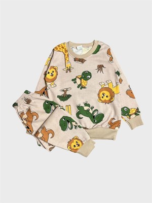 Aliş Kids Erkek Çocuk Pamuklu Şardonlu Bej Rengi Safari Desenli Uzun Kollu Kışlık Pijama Takımı