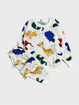 Aliş Kids Erkek Çocuk Pamuklu Şardonlu Beyaz Safari Desenli Uzun Kollu Kışlık Pijama Takımı