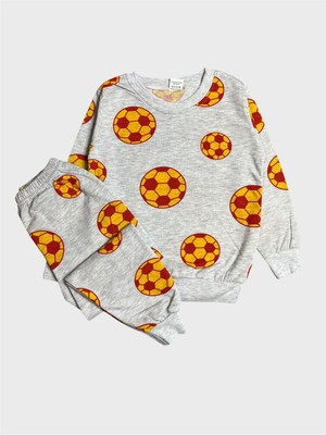 Aliş Kids Erkek Çocuk Pamuklu Şardonlu Gri Futbol Topu Desenli Uzun Kollu Kışlık Pijama Takımı