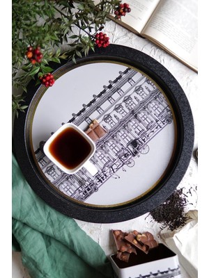 Mena Rise Desenli Yuvarlak Metal Tepsi - Çay Kahve Tepsisi - Sunum Tepsisi 37 cm (City)