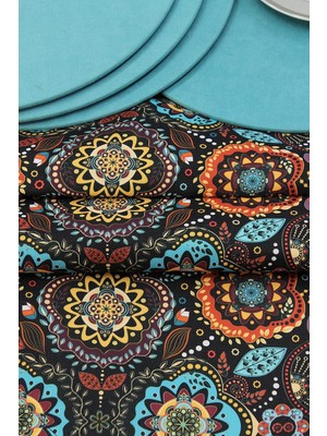 Mena Rise Renk Karışık Motif Desenli Siyah Arka Plan Baskılı Runner Servis 40X150 cm