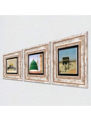 Mena Rise Kabe-I Muazzama, Mescid-I Aksa, Ravza-I Mutahhara Taş Duvar Tablosu - Çerçeveli Taş Tablo - Dekoratif Duvar Sanatı - Modern Ev ve Ofis Duvar Dekoru T3-1894