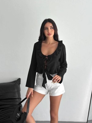 Rawea Fashion Keten Uzun Kol Bağacık Detaylı Bluz - Siyah