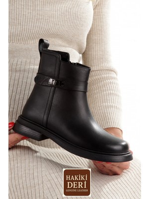 Modabuymus Siyah Hakiki Deri Topuksuz Günlük Kadın Bot AR26