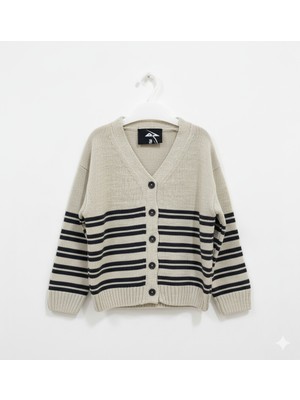 Imoop Design Kids Bej V Yaka Çizgili Düğme Kapamalı Triko Hırka Kazak