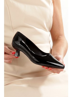 Modabuymus Siyah Rugan Alçak Kısa Fındık Topuklu Stiletto Abiye Ayakkabı Minikandy