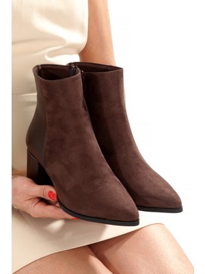 Modabuymus Kahve Rengi Süet Kısa Kalın Topuklu Kadın Bot Hudson