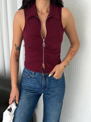 Rawea Fashion Yakalı Tam Fermuarlı Kolsuz Bluz - Bordo