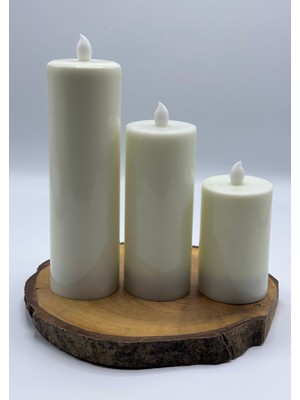 3 Adet 20-15-10 cm Beyaz Renk Batom LED Mum Çap 6 cm