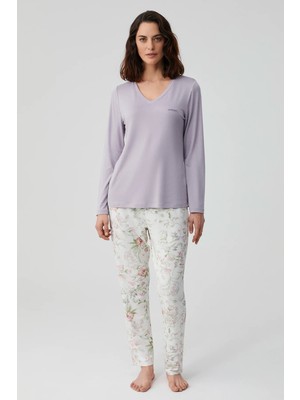 Catherine's Yumuşak Dokulu V Yaka Uzun Kol Kadın Pijama Takım 2805