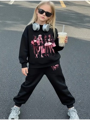 Punix Kids Özel Tasarım Pop Star Kızlar Baskılı 3 Iplik Kalın Kışlık Alt Üst Kız Çocuk Eşofman Takımı