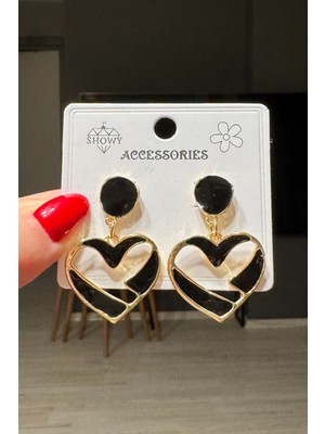 H&E Design Kadın Siyah Sallantılı Mineli Premium Kalp Küpe