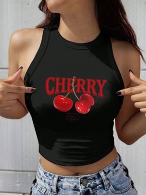 Bozz Collection Kadın Have A Nice Weekend Cherry Kolsuz Halter Yaka Crop Atlet