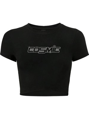 Bozz Collection Kadın Kristal Taş Baskılı Cosmic Crop T-Shirt