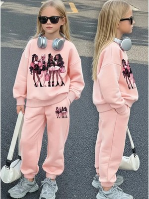 Punix Kids Özel Tasarım Pop Star Kızlar Baskılı 3 Iplik Kalın Kışlık Alt Üst Kız Çocuk Eşofman Takımı