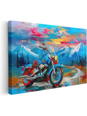 Artarilion Yatay Kanvas Tablo Dag Manzarasi ve Motorsiklet Modern Duvar Tablosu Kanvas Salon Ofis Tablosu
