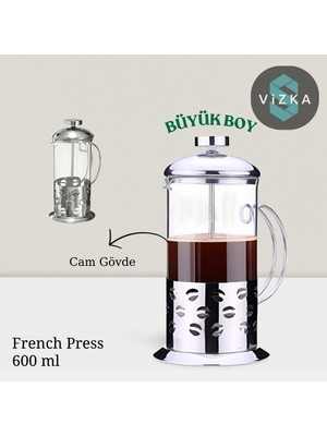 Vizka French Press , Filtre Kahve , Bitki Çayı Demleme Cam /600ml Büyük Boy