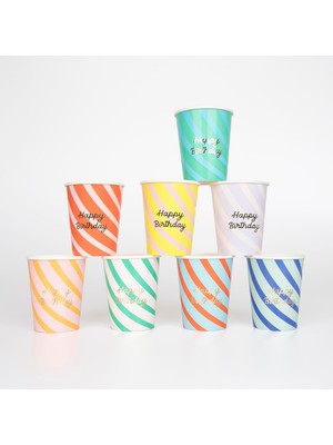 Mena Rise - Çizgili Happy Birtdhay - 8 Adet