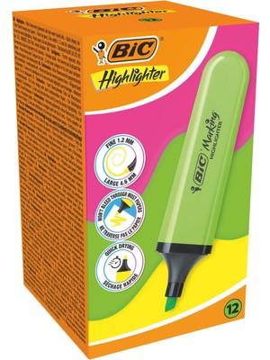 Mena Rise Marking Flat Higlighter Fosforlu 12'li Kutu, Yeşil Fosforlu, Su Bazlı, Hızlı Kuruyan Mürekkep