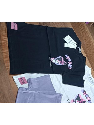 Blotch Farklı Tarz Eğlenceli Kuromi Yeni Nesil Karakter Baskılı Resimli Kız Pamuklu Siyah Renk Tişört