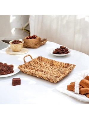 Mena Rise El Yapımı Su Sümbülü Hasır Kulplu Dekoratif Tepsi Küçük Boy (29CM*23CM*4CM)