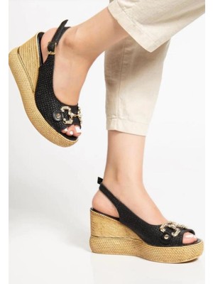 Kahsen Store Caver Siyah Cilt Dolgu Topuk Sandalet